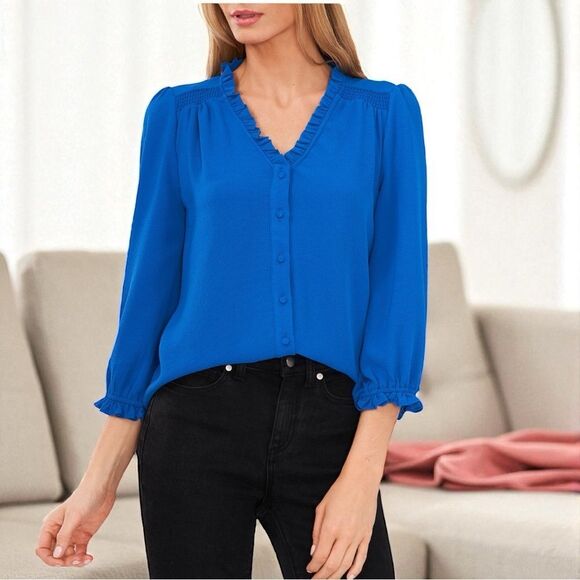 New With Tags CeCe Royal Blue Button-Down Blouse Size Large - Picture 1 of 9